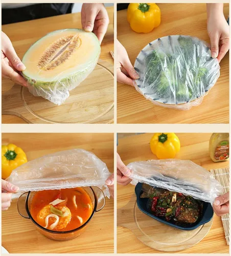 Vista 5 de 200 bolsas de conservación de frescos, bolsas de plástico elásticas para sellar alimentos con borde elástico, tapas ajustables elásticas Transparente