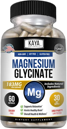 Vista 10 de Kaya Naturals Glicinato de magnesio 183 mg por cápsula, quelado para una máxima absorción, sin OMG, sin gluten, lácteos y soja, apoya la salud