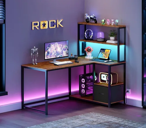 Vista 9 de HOOBRO BF18UDDN01 - Escritorio para juegos en forma de L, escritorio reversible para computadora de 46 pulgadas con luz LED y toma de corriente