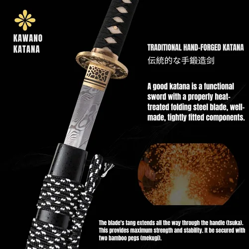 Vista 8 de Espada Katana KAWANO, espada japonesa de Damasco de acero plegable hecha a mano, espada samurái de lama completa funcional, mango de Rayskin real