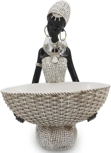 Vista 11 de Escultura Africana Hecha a Mano de Mujer Sentada - Figura Tribal Dorada Sosteniendo Canasta, Decoración del Hogar de Resina para Estante/Mesa