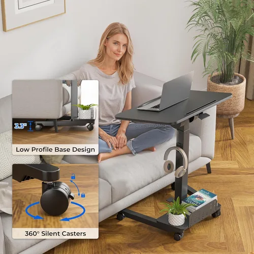 Vista 6 de BONTEC Escritorio móvil de pie de altura ajustable, carrito rodante para laptop con estante de almacenamiento, ganchos, estación de trabajo portátil
