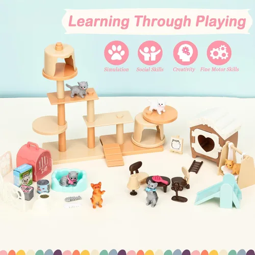 Vista 3 de SweetAce 43 piezas de juguetes de gato para niños, juego de simulación, set de juego de figuras de gato, juguete para niños pequeños, juego de rol
