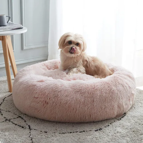 Vista 13 de Cama calmante para perros y gatos, cama antiansiedad, de felpa, con forma de dona, redonda, acolchada, de piel sintética, suave y esponjosa