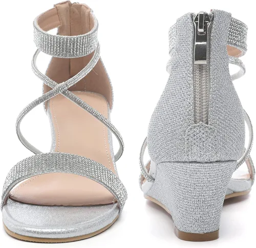 Vista 5 de DADAWEN Sandalias de cuña baja con diamantes de imitación y punta abierta para mujer, con correa en el tobillo, zapatos de tacón para fiesta o boda