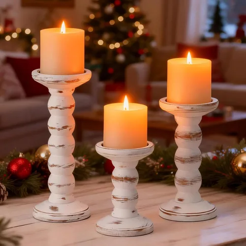 Vista 3 de Portavelas de madera, 3 piezas Portavelas rústicos blancos para velas de pilar, Portavelas decorativos de madera maciza Portavelas de madera