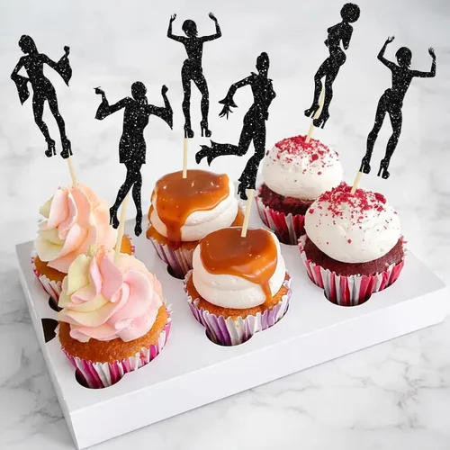 Vista 9 de 24 piezas de decoración de cupcakes de discoteca de los años 70 con purpurina negra, selecciones bailarinas de los 80 para decoración de pasteles