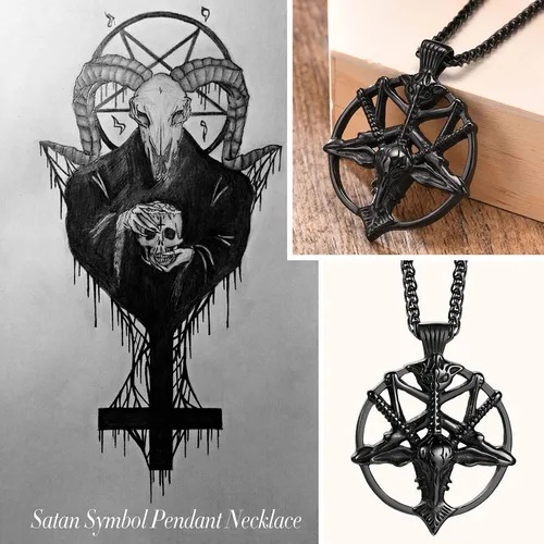 Vista 6 de Collar de pentagrama invertido de Satanás Colgante de calavera de cabeza de cabra baphomet de acero inoxidable, joyería satánica de cabra