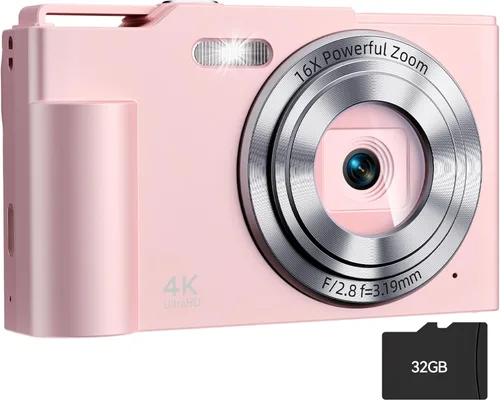 Vista 10 de Cámara digital, cámara digital FHD para apuntar y disparar con zoom de 16X, antivibraciones, cámara pequeña compacta de 48 MP con tarjeta de 32 GB