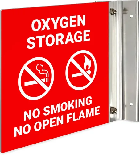 Vista 7 de Letrero de almacenamiento de oxígeno con texto en inglés "No Smoking No Open Flame Projecting", doble cara, 6x6 pulgadas, ACM, con accesorio negro