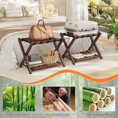 Vista 6 de HOOBRO Portaequipajes, soporte plegable para equipaje, soporte de maleta de bambú para habitación de invitados, con estante de soporte de correa