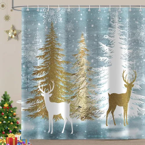 Vista 15 de Cortina de ducha de Feliz Navidad, trineo de Papá Noel, reno, copo de nieve, vacaciones, cuadros rojos y verdes, juego de cortinas de ducha