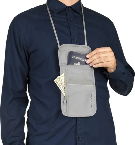 Vista 5 de Travelon Cartera de viaje con bolsa de cuello para ropa interior, Gris, Bolsa de cuello de ropa interior con bloqueo RFID
