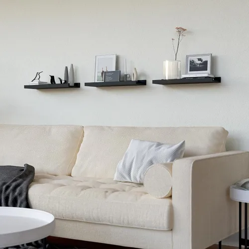Vista 5 de RICHER HOUSE Juego de 3 estantes flotantes para pared, estantes negros de 16 pulgadas para montar en la pared con borde para almacenamiento, estante