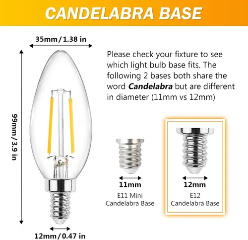 Vista 3 de Ascher - E12 - Paquete de 5 bombillos LED clásicos de candelabro de 4 vatios, equivalentes a 40 vatios, luz blanca y cálida de 2700 K, no Blanco