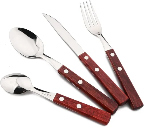 Vista 10 de Juego de cubiertos de madera de acero inoxidable 304 con mango ancho, juego de cubiertos de madera duradera, utensilios reutilizables, espejo