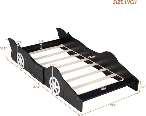 Vista 2 de anwickjeff Cama de plataforma en forma de auto de carreras con ruedas, cama de plataforma de madera tamaño individual con barandilla, cama