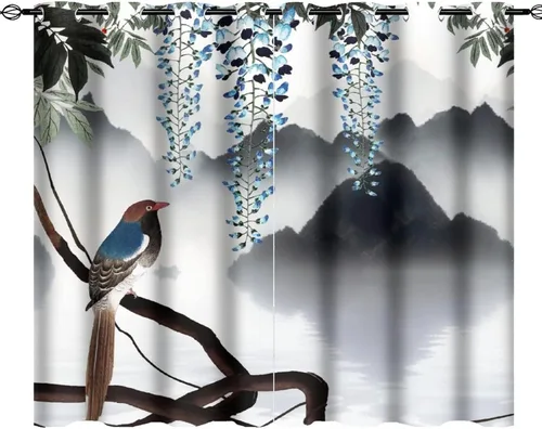 Vista 11 de Cortinas opacas para oscurecer la habitación con ojales, diseño de flores japonesas con ojales, arte retro de primavera y ramas florales, arte