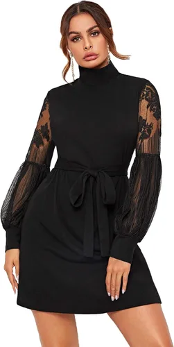 Vista 4 de Romwe Vestido corto de malla con cuello alto falso para mujer estilo túnica y elegante