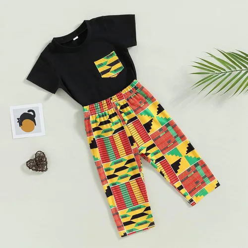 Vista 7 de Mubineo Conjunto de 2 piezas con estampado africano de Kente Dashiki para bebés, niñas y niños pequeños