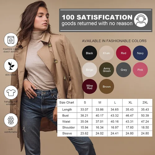 Vista 7 de CREATMO US - Gabardina clásica con solapa de doble botonadura para mujer sobretodo ceñido con cinturón y capucha desmontable