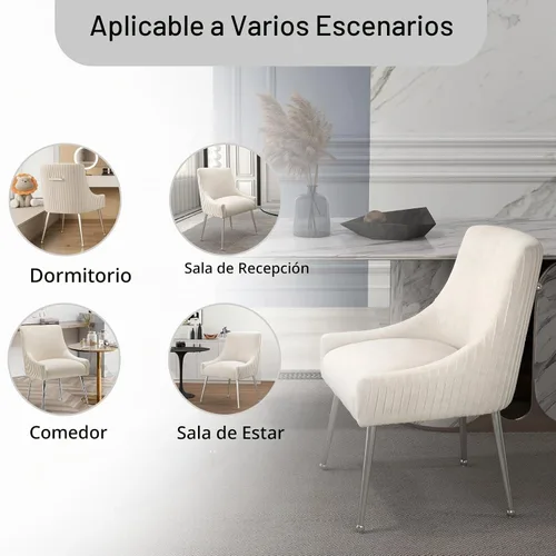 Vista 4 de Sillas de comedor de estilo moderno de terciopelo tapizadas con barra vertical, silla de acento con botón acolchado con patas plateadas, juego de 2