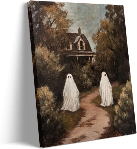 Vista 29 de Bonito arte de lectura de fantasmas, póster de pared de bosque de Halloween con hongos y plantas, impresión de lectura de fantasmas caprichosa