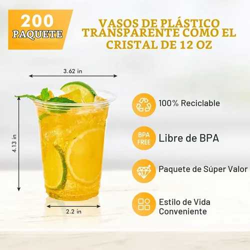 Vista 6 de Vplus - Paquete de 200 vasos de plástico desechables de PET transparente de 12 onzas con tapas para jugo Vasos de cristal para beber en frío