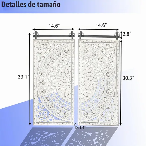 Vista 6 de LuxenHome - Arte de pared de madera tallada, esculturas de pared de madera de 33 pulgadas, paneles 3D con patrón floral, decoración de pared