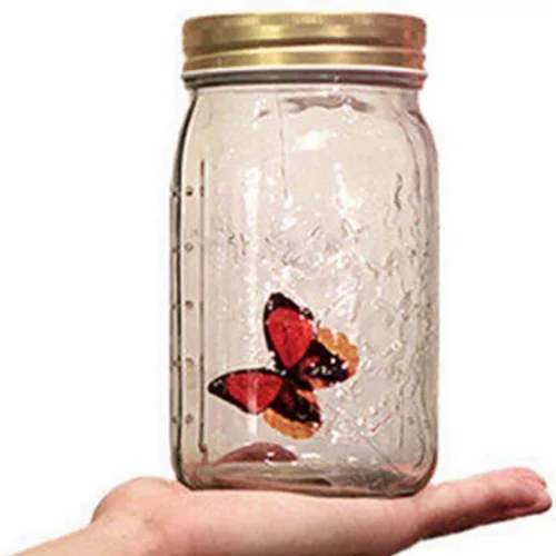Vista 3 de Mariposa en un frasco de cristal, tarro de lámpara LED Hsxxf con mariposa animada en un tarro para activar la decoración de regalo (rojo)