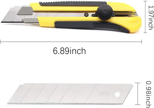 Vista 2 de Cuchillo utilitario resistente de 0.984 in, cortador de caja con 20 cuchillas retráctiles SK-5, cortadores a presión con agarre de goma para cartón