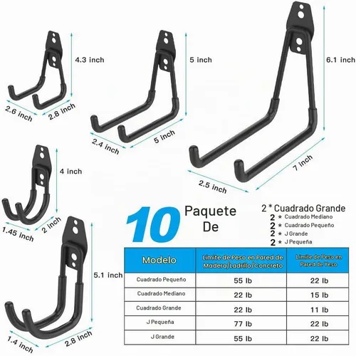 Vista 2 de SMARTOLOGY Ganchos de garaje, paquete de 12 ganchos de almacenamiento de pared, incluye 2 soportes para cables de extensión, organización