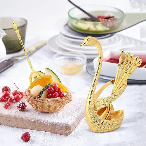 Vista 2 de Juego de cucharas de postre de café, soporte de base de cisne, organizador de cuchara con 6 cucharas para café, frutas, postres, mezcla, azúcar