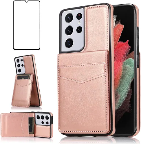 Vista 8 de Funda de teléfono para Samsung Galaxy S21 Ultra Glaxay S21ultra 5G con protector de pantalla de vidrio templado y tarjetero para tarjetas de Negro