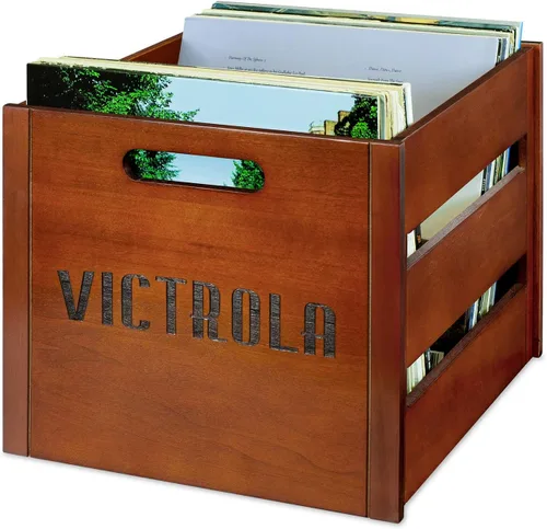 Vista 6 de Victrola Caja de discos de madera – Soporte de vinilo de mesa para álbum, montaje sin herramientas, capacidad para más de 50 discos, construcción