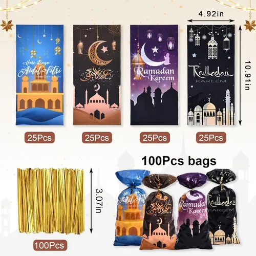 Vista 2 de Threetols 100 bolsas de celofán Eid Mubarak, bolsas de celofán de Ramadán Kareem, bolsas de regalo de celofán Eid Moon Star transparentes