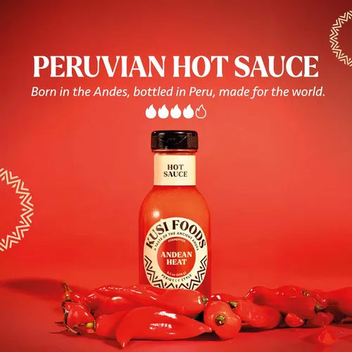 Vista 3 de Kusi Foods ANDEAN HEAT Salsa picante peruana, hecha con chile limusina, pimientos rojos, vinagre y sal, cítricos, picante y ligeramente dulce