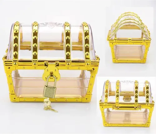 Vista 6 de Cofre del tesoro pirata para niños: pequeña caja del tesoro con cerradura y llave, caja de colección vintage de plástico para almacenamiento