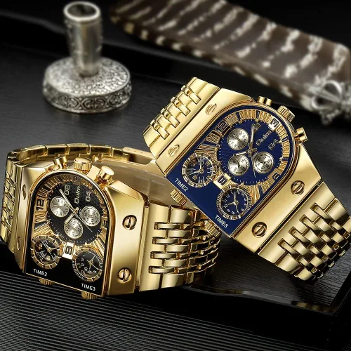 Vista 4 de GORBEN Creative Gold Watch - Reloj de cuarzo para hombre, 3 zonas horarias, reloj grande de acero inoxidable, reloj deportivo militar masculino
