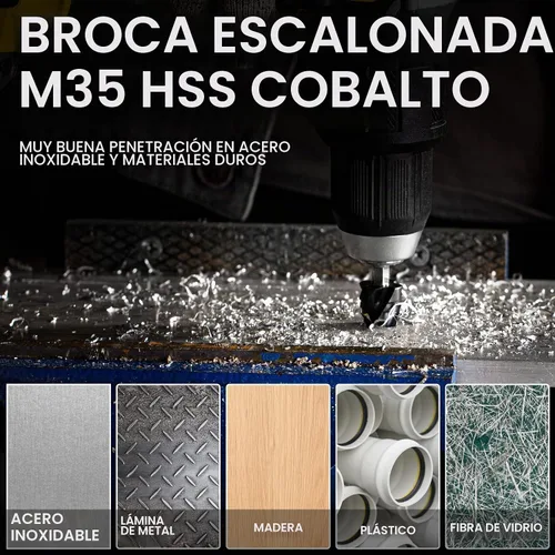 Vista 6 de Matework Broca Escalonada de Cobalto M35, Broca Escalonada Unibit de Cuatro Flautas Espirales (3/16"-1-3/8") Resistente al Desgaste