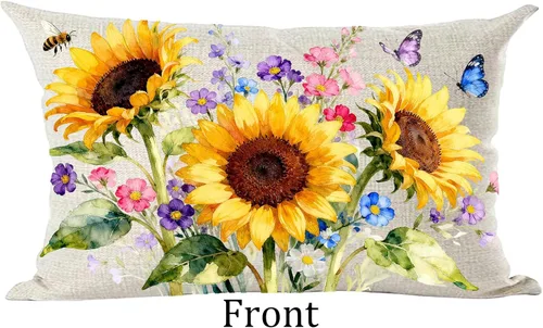 Vista 2 de Ramirar Funda de almohada lumbar decorativa de verano, acuarela, girasoles amarillos, flores, mariposas, para el hogar, sala de estar, cama, sofá