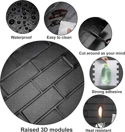 Vista 4 de Azulejos negros mate para despegar y pegar estilo metro para cocina, diseño más grueso, azulejos adhesivos para pegar en la sala de estar, azulejos
