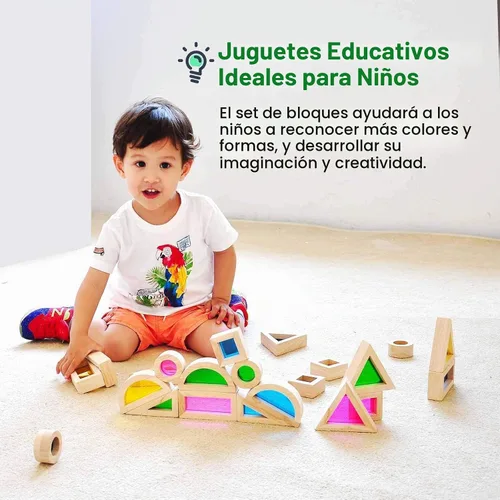 Vista 4 de Juego de bloques de construcción de madera, 24 piezas, bloques de madera para niños pequeños, juguetes sensoriales arcoíris, juguetes educativos