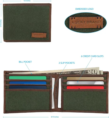 Vista 7 de Lucky Brand Lona para hombre con ribete de cuero RFID plegable