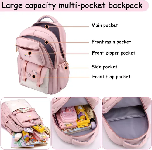 Vista 4 de Mochila para niñas y niños, bonita mochila escolar Kawaii ligera para escuela media y secundaria con bolsillo antirrobo, Negro -, Mochila escolar