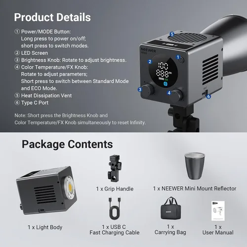 Vista 9 de NEEWER 60W Mini Luz de Vídeo LED con Batería de 50Wh/Carga Rápida PD de 100W, Control APP/2.4G/NFC, Iluminación Continua de Estudio COB Ajustable