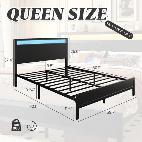 Vista 2 de Fluest Queen Bed Frame with Headboard & Footboard, Bed Frame with Built-in Charging Station & LED Light, Storage Shelf, Noise-Free, No Box Spring