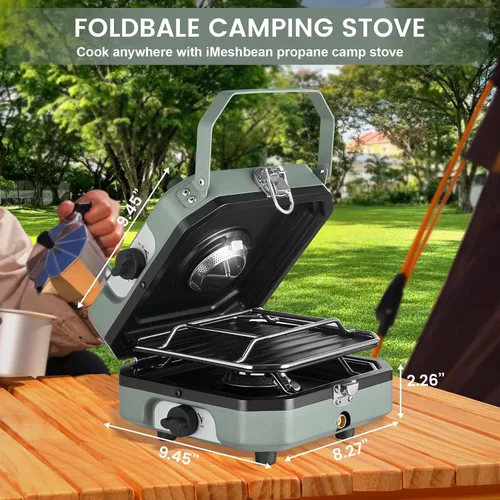 Vista 2 de Estufa de campamento de propano de 2 quemadores con parrilla, estufa portátil de propano de 16000 BTU con 2 quemadores ajustables e encendido