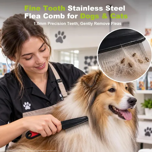 Vista 2 de Peine para pulgas para perros y gatos, peine de garrapatas de acero Verde-2pcs