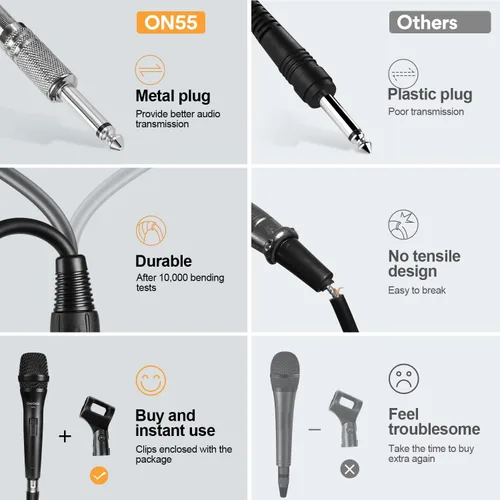 Vista 3 de OneOdio ON55 Micrófono con cable para cantar, clips de micrófono, hembra de metal, interruptor de encendido/apagado, cable XLR de 16.4 pies